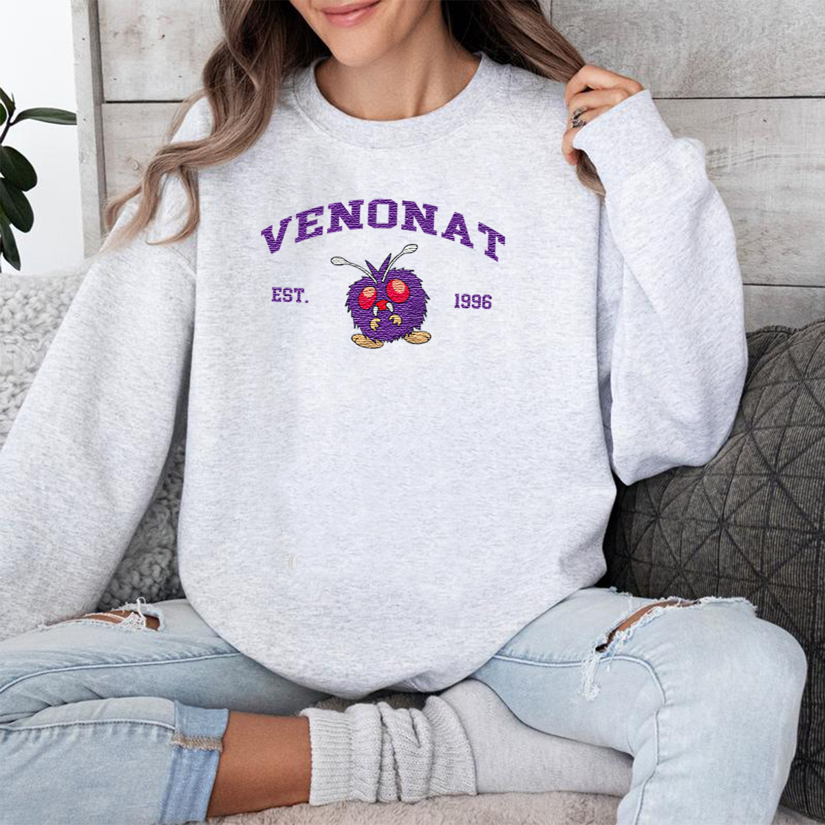 Venonat Adorable Anime-Themed Embroidered T-Shirt,Crewneck,Hoodie-Trendy Versatile and a Thoughtful Gift for Friends,H-C-1165