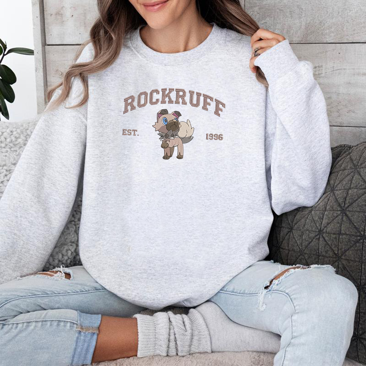Rockruff Adorable Anime-Themed Embroidered T-Shirt,Crewneck,Hoodie-Trendy Versatile and a Thoughtful Gift for Friends,H-C-1000