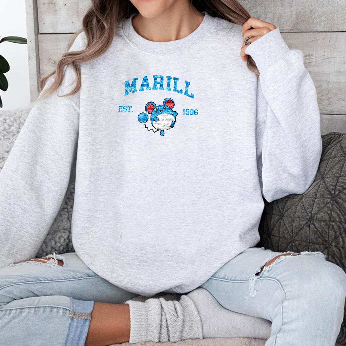 Marill Adorable Anime-Themed Embroidered T-Shirt,Crewneck,Hoodie-Trendy Versatile and a Thoughtful Gift for Friends,H-C-1150