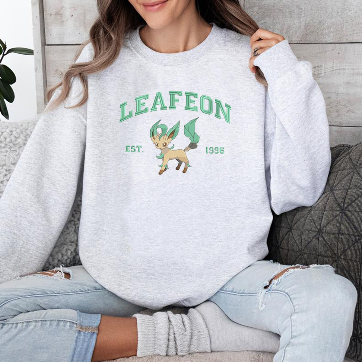 Leafeon Adorable Anime-Themed Embroidered T-Shirt,Crewneck,Hoodie-Trendy Versatile and a Thoughtful Gift for Friends,H-C-885