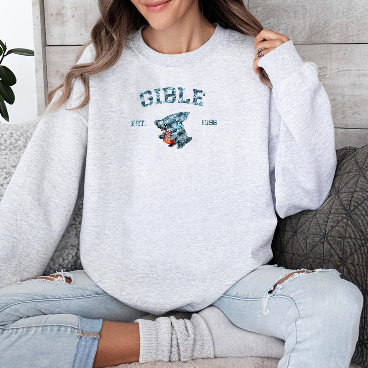 Gible Adorable Anime-Themed Embroidered T-Shirt,Crewneck,Hoodie-Trendy Versatile and a Thoughtful Gift for Friends,H-C-1209