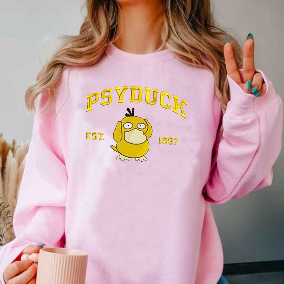 Psyduck Adorable Anime-Themed Embroidered T-Shirt,Crewneck,Hoodie-Trendy Versatile and a Thoughtful Gift for Friends,H-C-724