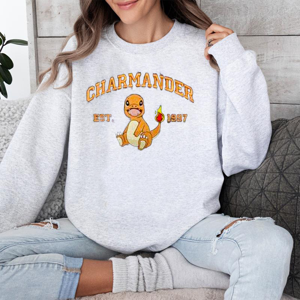 Charmander Adorable Anime-Themed Embroidered T-Shirt,Crewneck,Hoodie-Trendy Versatile and a Thoughtful Gift for Friends,H-C-715