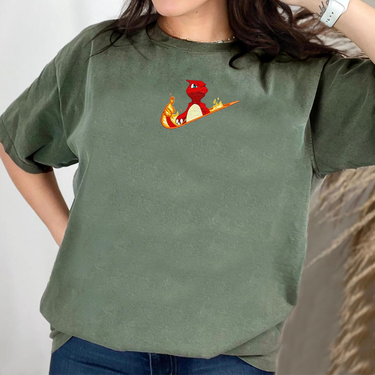 Charmander Adorable Anime-Themed Embroidered T-Shirt,Crewneck,Hoodie-Trendy Versatile and a Thoughtful Gift for Friends,H-C-1285
