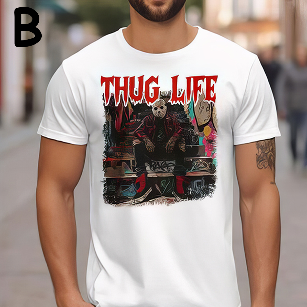 T-shirt à capuche avec personnages d'horreur d'Halloween THUG LIFE, col ras du cou, TS-C-084