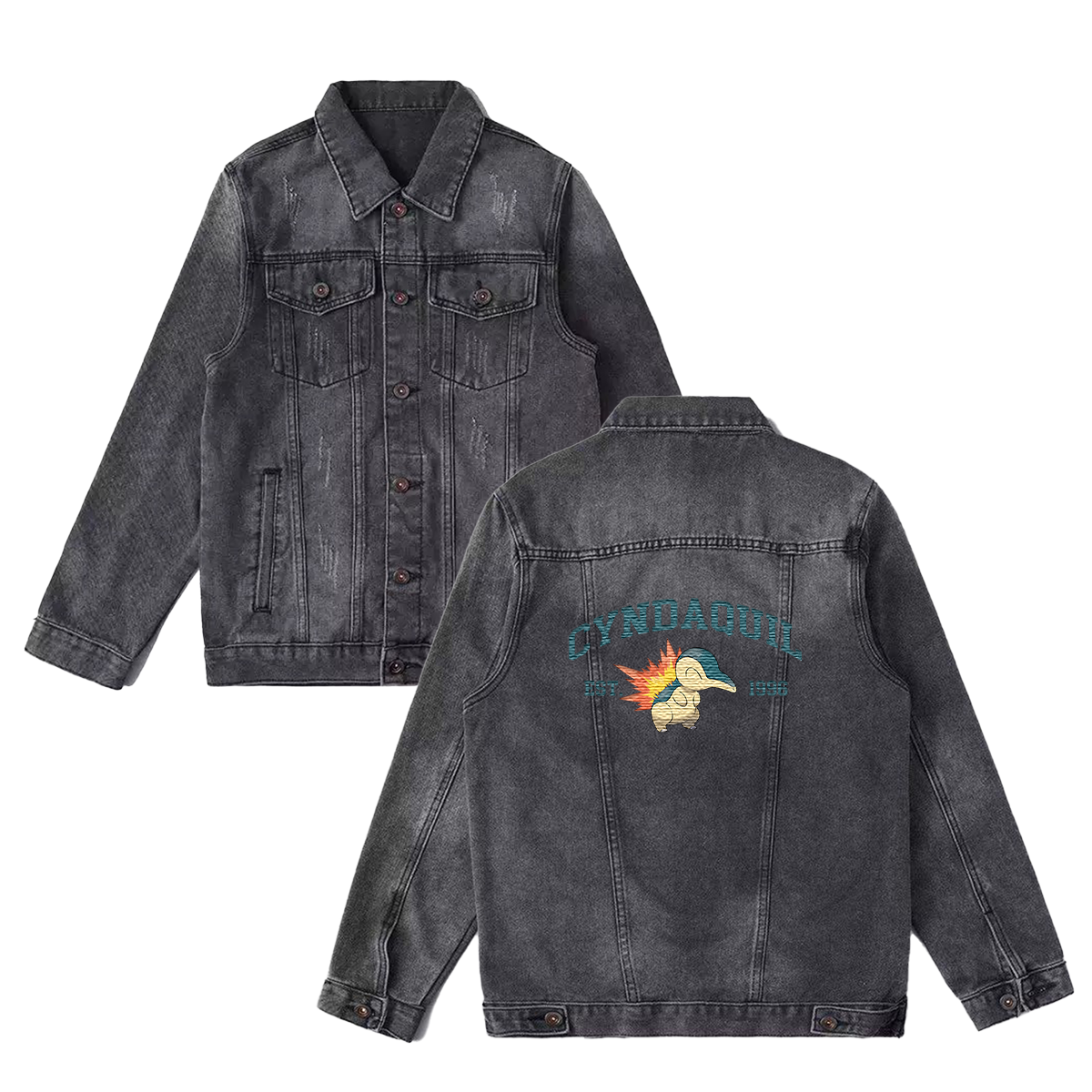 Cyndaquil Exquisite & Unique Fashion Embroidered Denim Jacket,with Pet Embroidery Design on Back,Trendy Denim Coat for Fans,J09