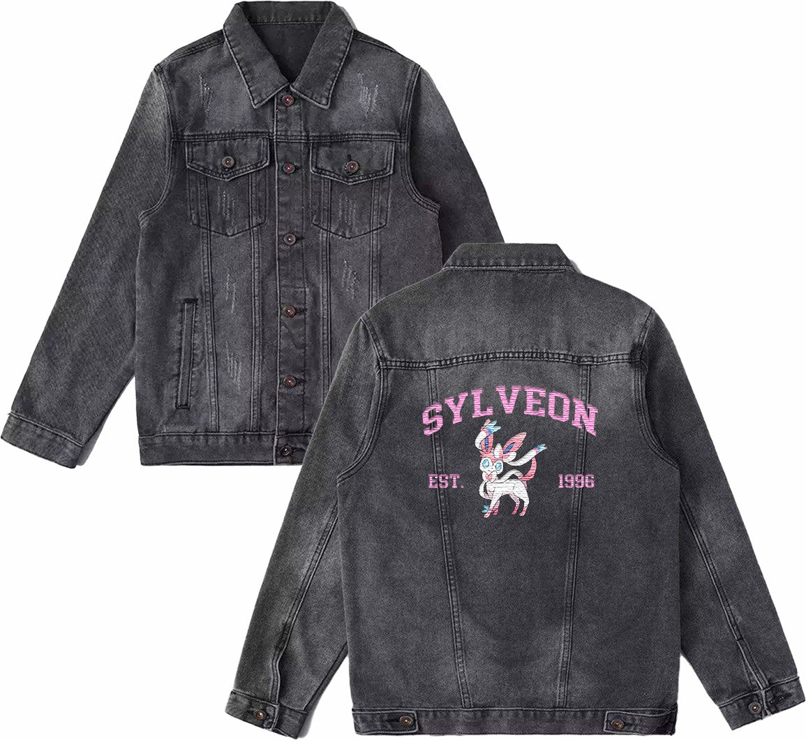Sylveon Exquisite & Unique Fashion Embroidered Denim Jacket,with Pet Embroidery Design on Back,Trendy Denim Coat for Fans,J02