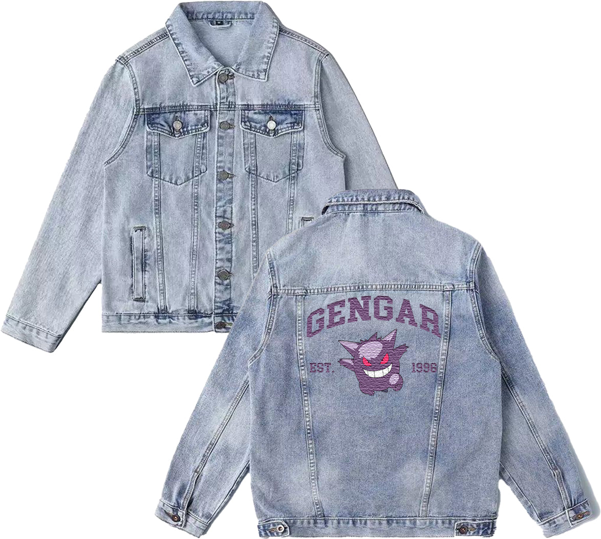 Gengar Exquisite & Unique Fashion Embroidered Denim Jacket,with Pet Embroidery Design on Back,Trendy Denim Coat for Fans,J01
