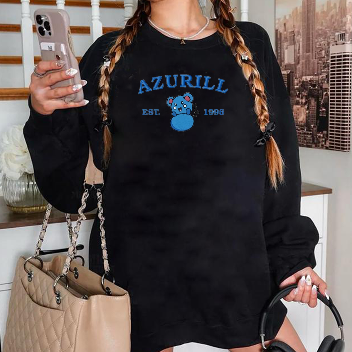 Azurill-Q. Adorable Anime-Themed Embroidered T-Shirt,Crewneck,Hoodie-Trendy Versatile and a Thoughtful Gift for Friends,H-C-958