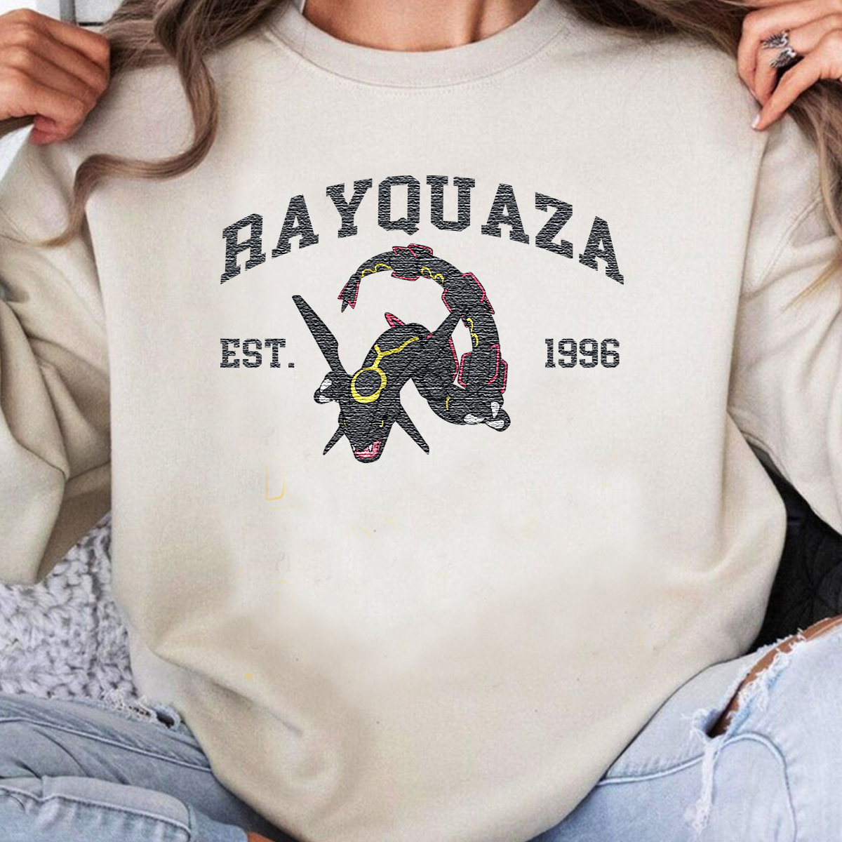 Rayquaza Adorable Anime-Themed Embroidered T-Shirt,Crewneck,Hoodie-Trendy Versatile and a Thoughtful Gift for Friends,H-C-1014