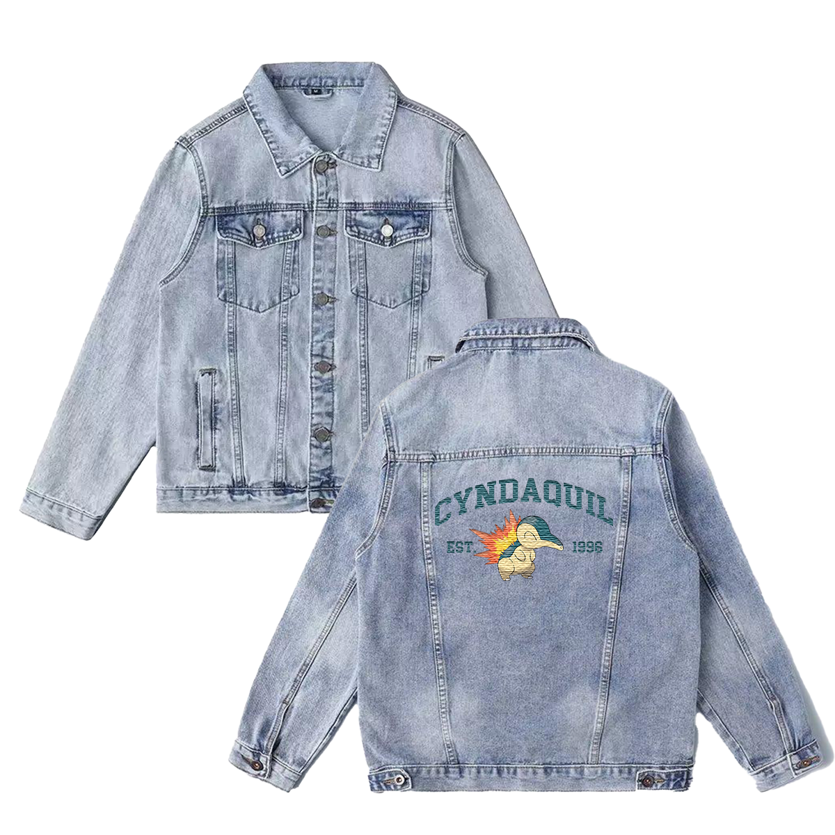 Cyndaquil Exquisite & Unique Fashion Embroidered Denim Jacket,with Pet Embroidery Design on Back,Trendy Denim Coat for Fans,J09