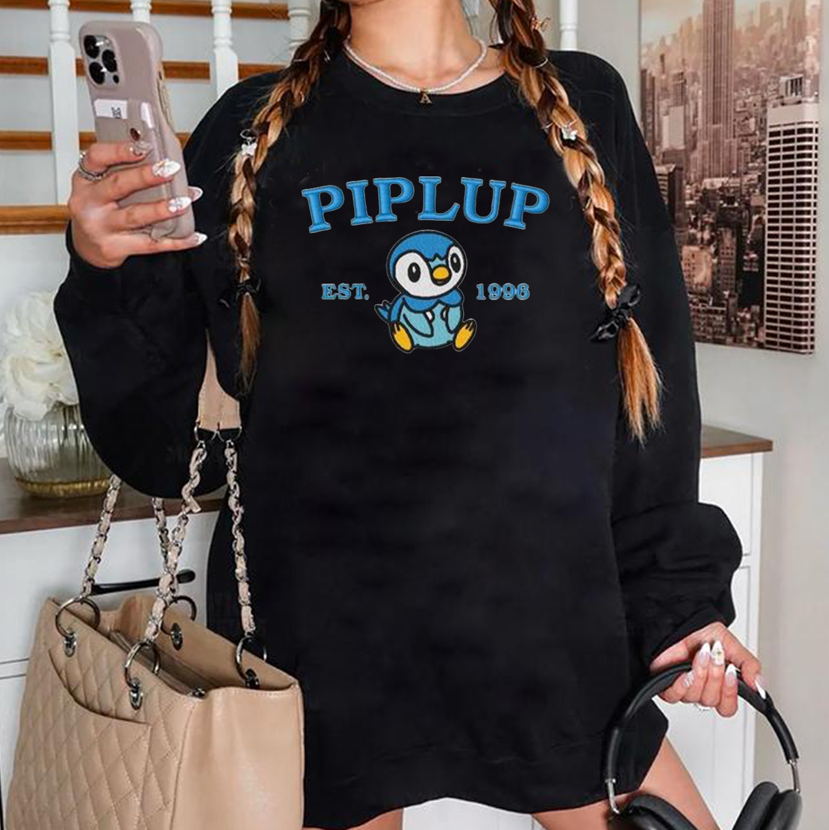 Piplup-Q.Adorable Anime-Themed Embroidered T-Shirt,Crewneck,Hoodie-Trendy Versatile and a Thoughtful Gift for Friends,H-C-928