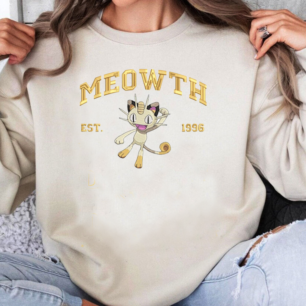 Meowth Adorable Anime-Themed Embroidered T-Shirt,Crewneck,Hoodie-Trendy Versatile and a Thoughtful Gift for Friends,H-C-856