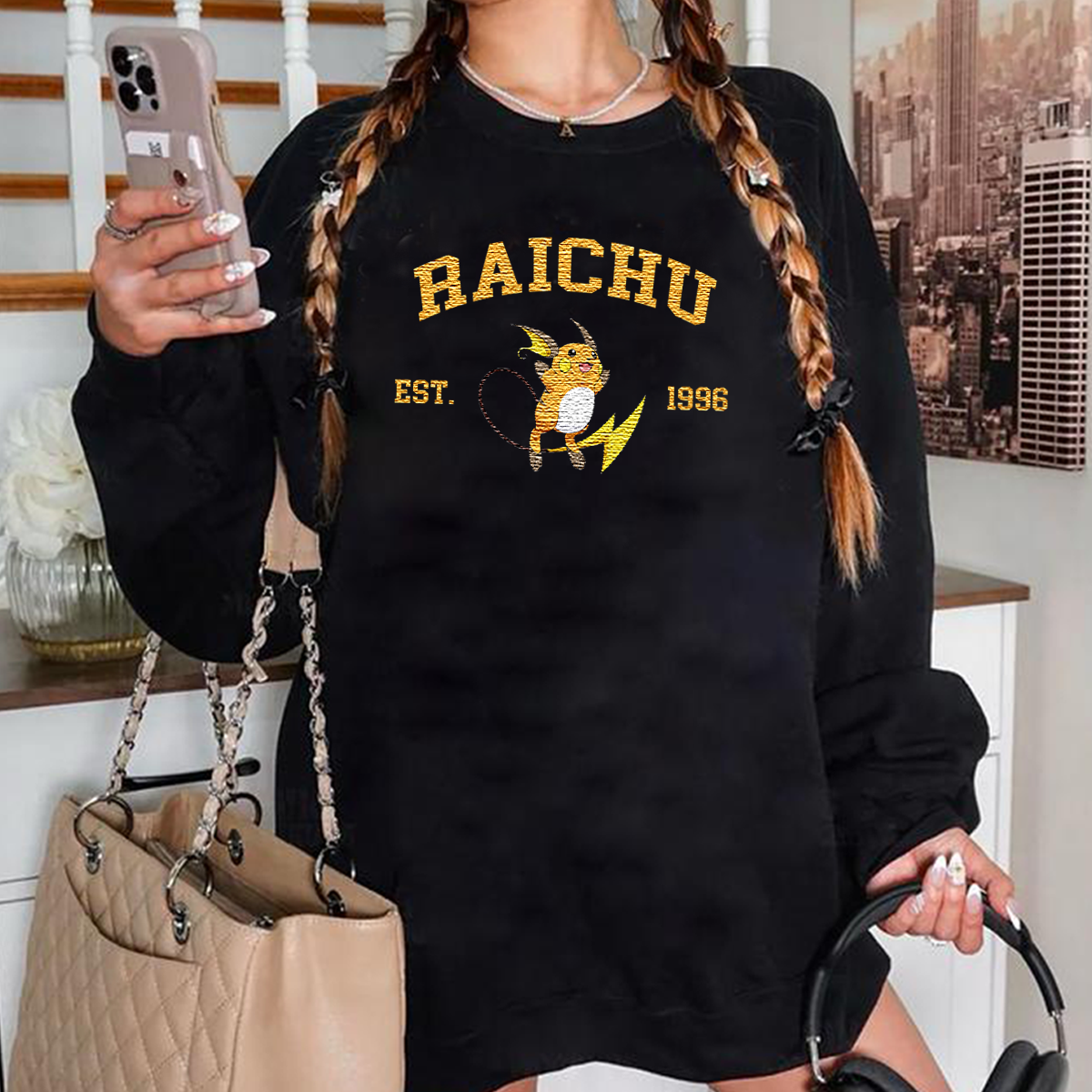 Raichu Adorable Anime-Themed Embroidered T-Shirt,Crewneck,Hoodie-Trendy Versatile and a Thoughtful Gift for Friends,H-C-1030