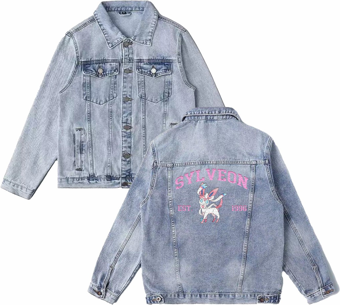 Sylveon Exquisite & Unique Fashion Embroidered Denim Jacket,with Pet Embroidery Design on Back,Trendy Denim Coat for Fans,J02