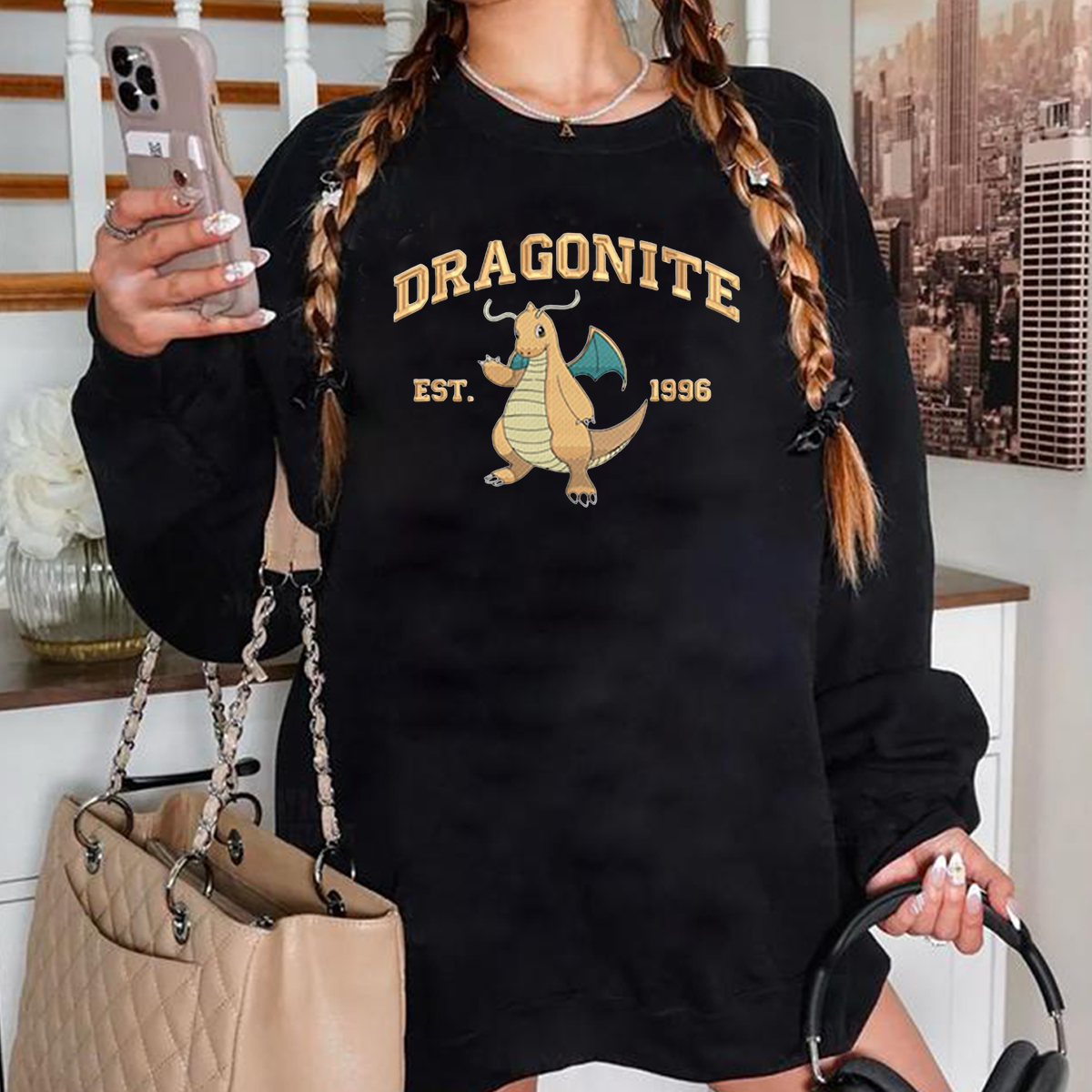 Dragonite Adorable Anime-Themed Embroidered T-Shirt,Crewneck,Hoodie-Trendy Versatile and a Thoughtful Gift for Friends,H-C-832