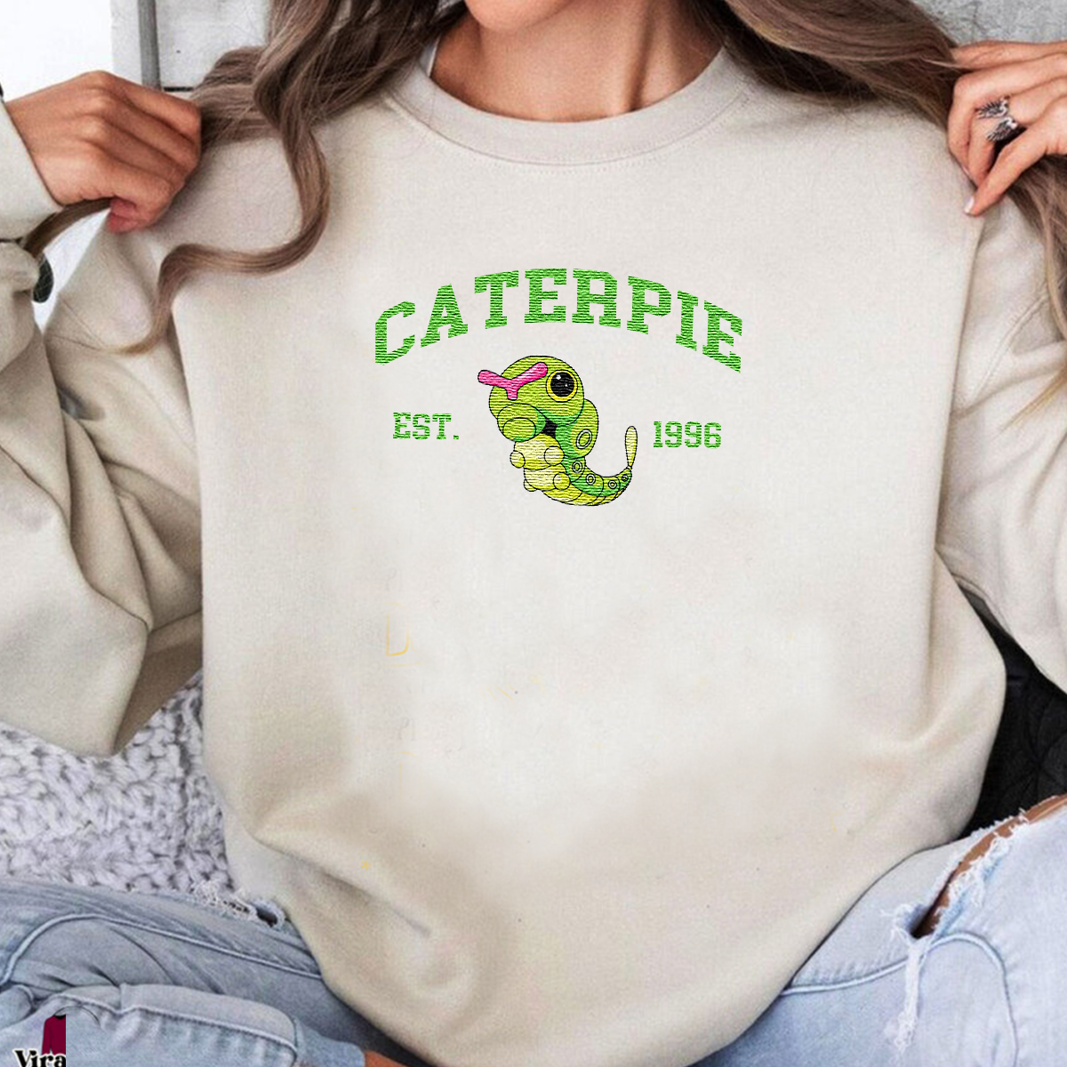 Caterpie Adorable Anime-Themed Embroidered T-Shirt,Crewneck,Hoodie-Trendy Versatile and a Thoughtful Gift for Friends,H-C-1156