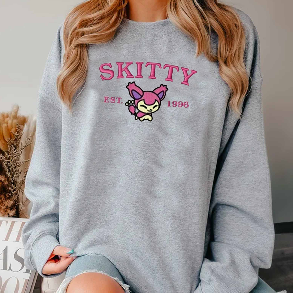 Skitty-Q. Adorable Anime-Themed Embroidered T-Shirt,Crewneck,Hoodie-Trendy Versatile and a Thoughtful Gift for Friends,H-C-942