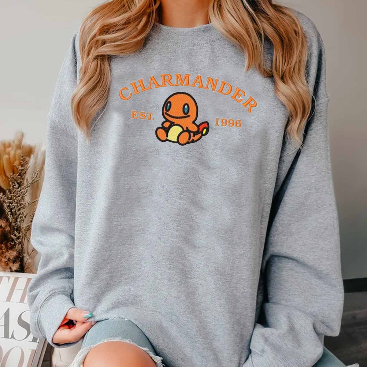 Charmander-Q. Adorable Anime-Themed Embroidered T-Shirt,Crewneck,Hoodie-Trendy Versatile and a Thoughtful Gift for Friends,H-C-934