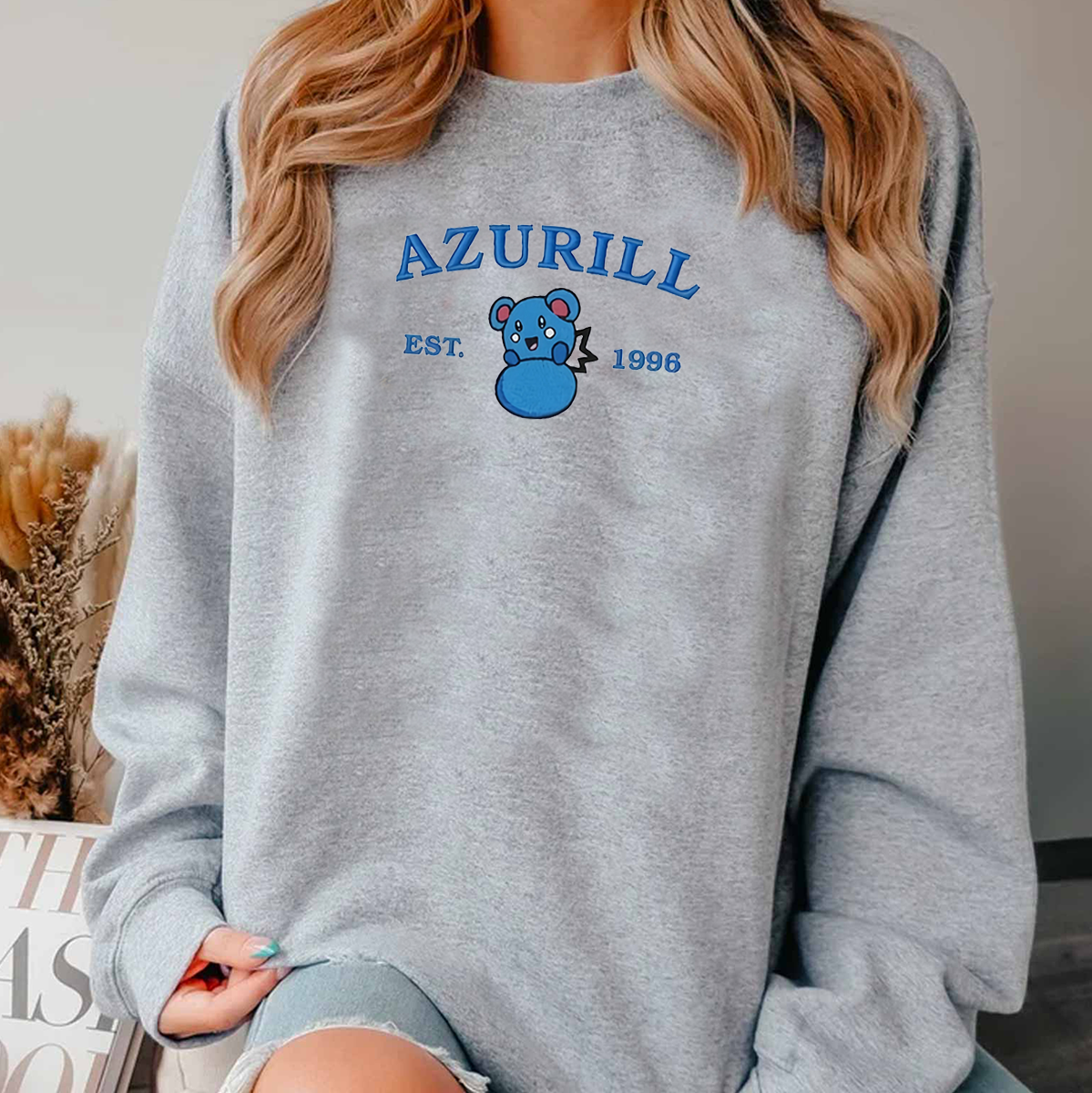 Azurill-Q. Adorable Anime-Themed Embroidered T-Shirt,Crewneck,Hoodie-Trendy Versatile and a Thoughtful Gift for Friends,H-C-958