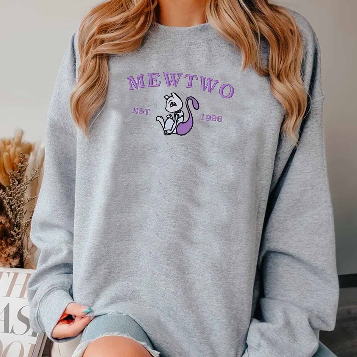 Mewtwo-Q. Adorable Anime-Themed Embroidered T-Shirt,Crewneck,Hoodie-Trendy Versatile and a Thoughtful Gift for Friends,H-C-978