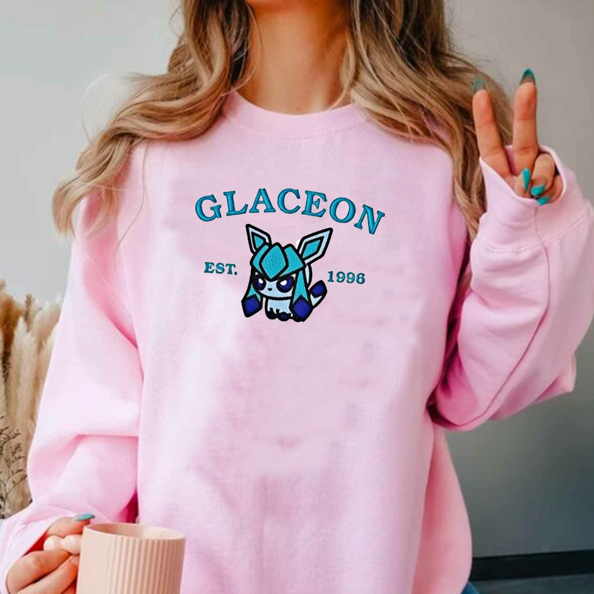 Glaceon-Q. Adorable Anime-Themed Embroidered T-Shirt,Crewneck,Hoodie-Trendy Versatile and a Thoughtful Gift for Friends,H-C-916