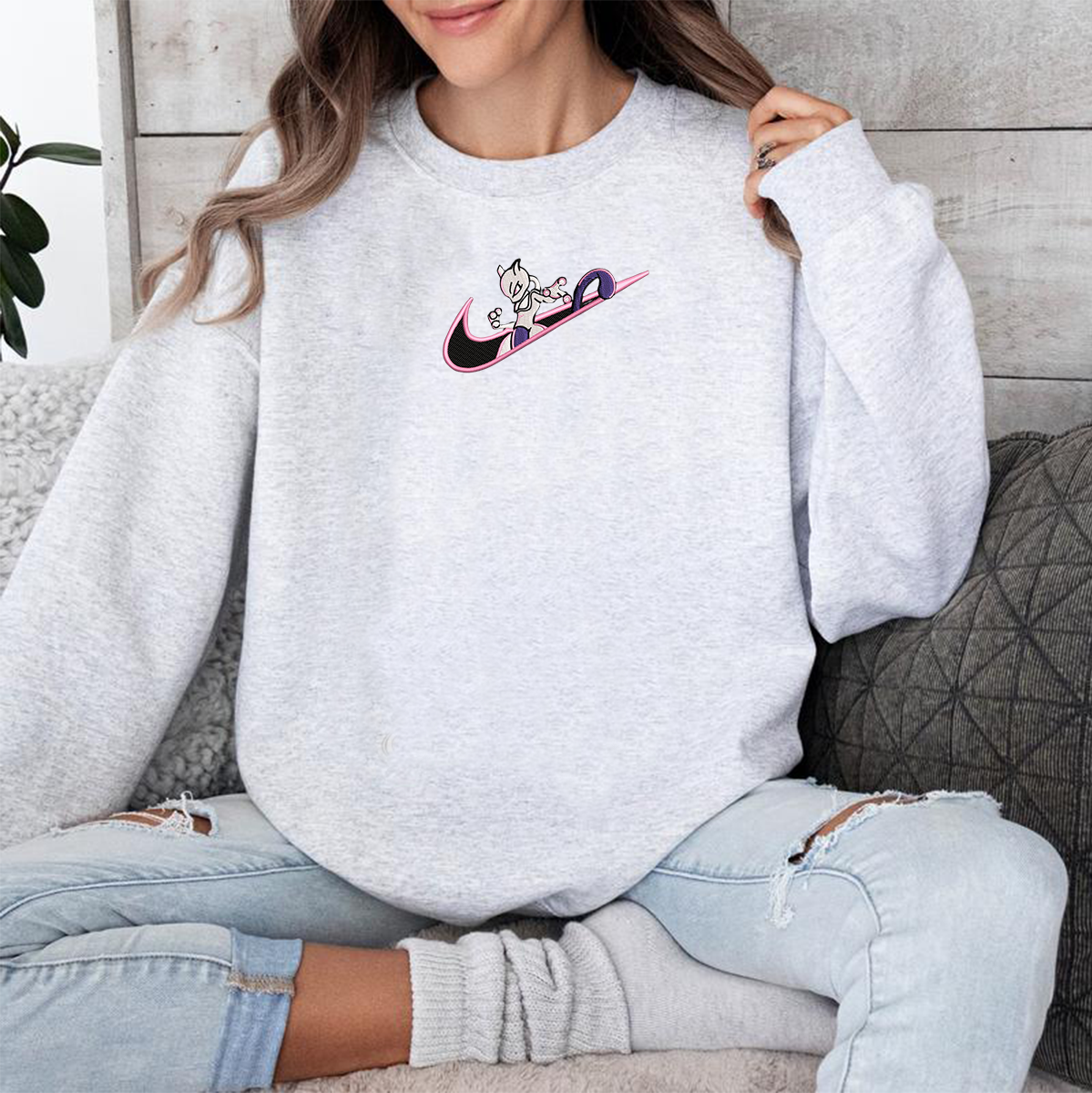 Mewtwo Adorable Anime-Themed Embroidered T-Shirt,Crewneck,Hoodie-Trendy Versatile and a Thoughtful Gift for Friends,H-C-1147