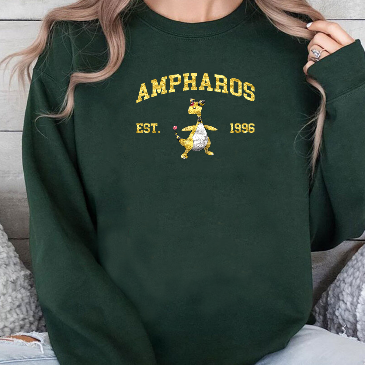 Ampharos Adorable Anime-Themed Embroidered T-Shirt,Crewneck,Hoodie-Trendy Versatile and a Thoughtful Gift for Friends,H-C-1105