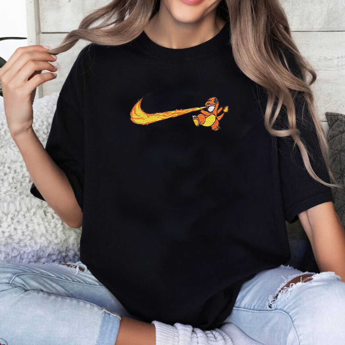 Charmander Adorable Anime-Themed Embroidered T-Shirt,Crewneck,Hoodie-Trendy Versatile and a Thoughtful Gift for Friends,H-C-1351