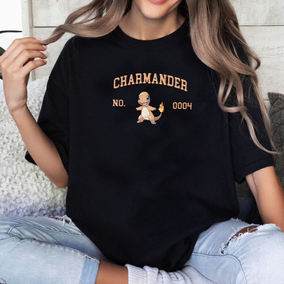 Charmander Adorable Anime-Themed Embroidered T-Shirt,Crewneck,Hoodie-Trendy Versatile and a Thoughtful Gift for Friends,H-C-1427