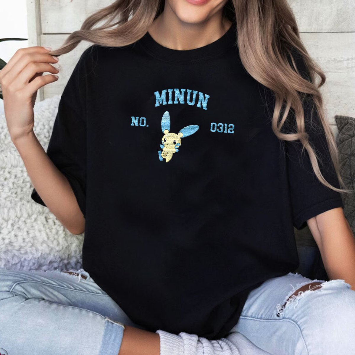 Minun Adorable Anime-Themed Embroidered T-Shirt,Crewneck,Hoodie-Trendy Versatile and a Thoughtful Gift for Friends,H-C-1591