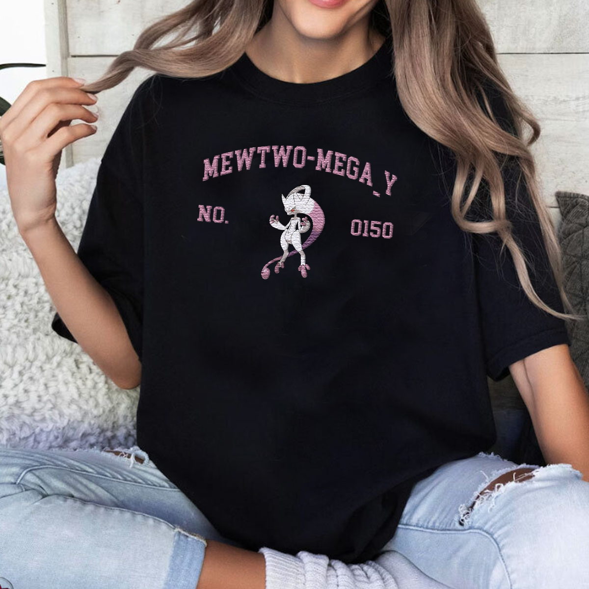Mewtwo-Mega_Y Adorable Anime-Themed Embroidered T-Shirt,Crewneck,Hoodie-Trendy Versatile and a Thoughtful Gift for Friends,H-C-1489