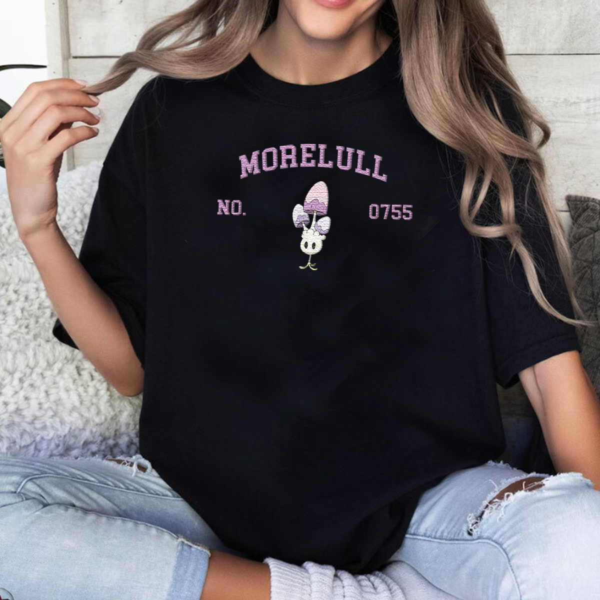 Morelull Adorable Anime-Themed Embroidered T-Shirt,Crewneck,Hoodie-Trendy Versatile and a Thoughtful Gift for Friends,H-C-1344