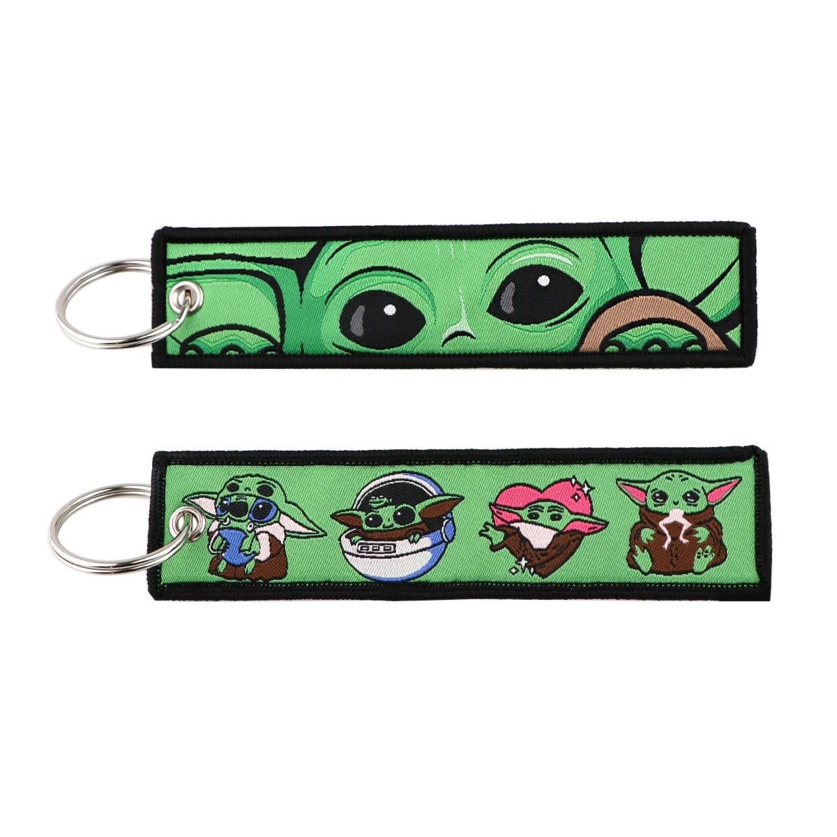 Cartoon Green Monster Woven Label Keychain Lanyard, Planet Bag Charm, Fabric Keychain for Student ID & Campus Decoration,019