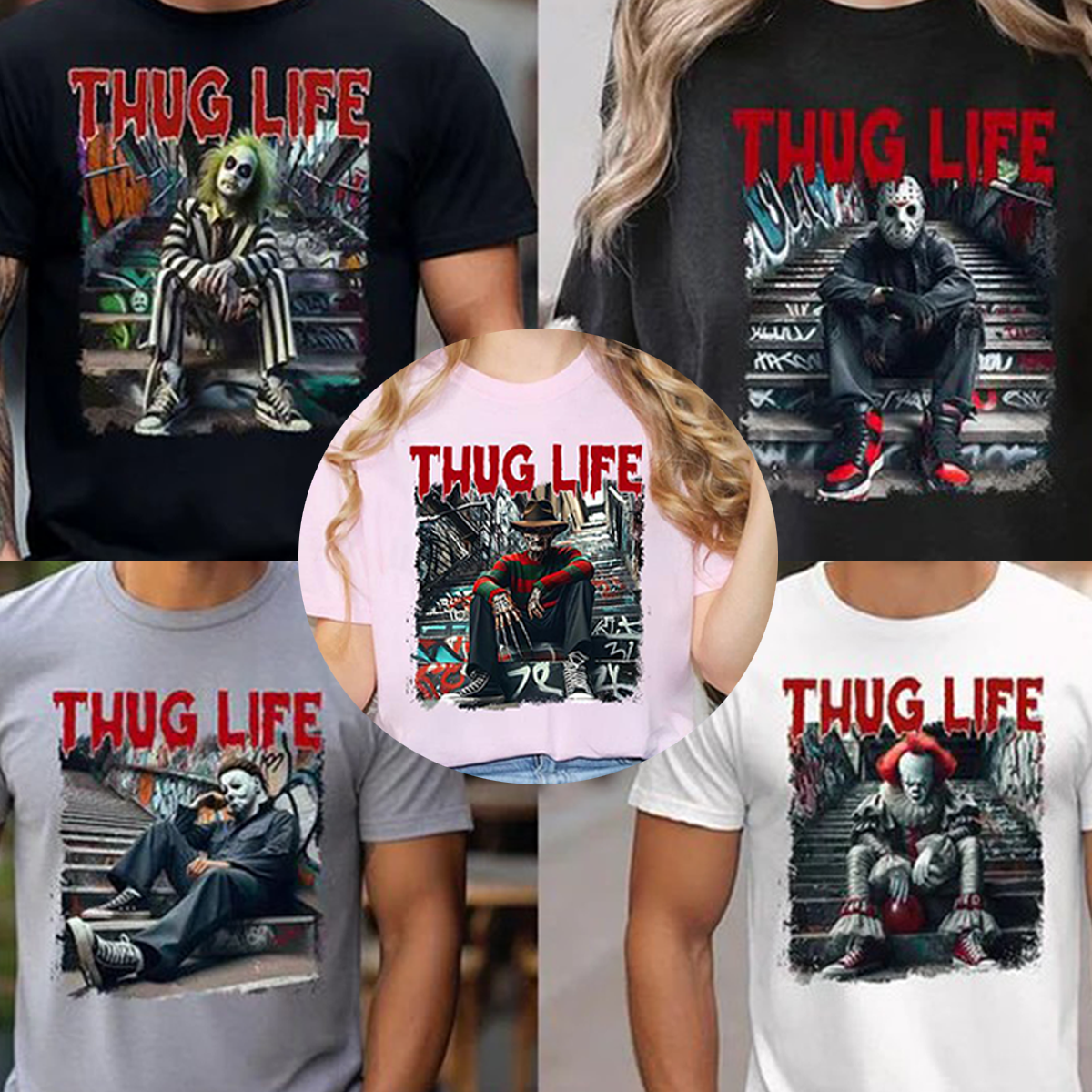 Sweat à capuche avec personnages d'horreur d'Halloween THUG LIFE, TS-C-103