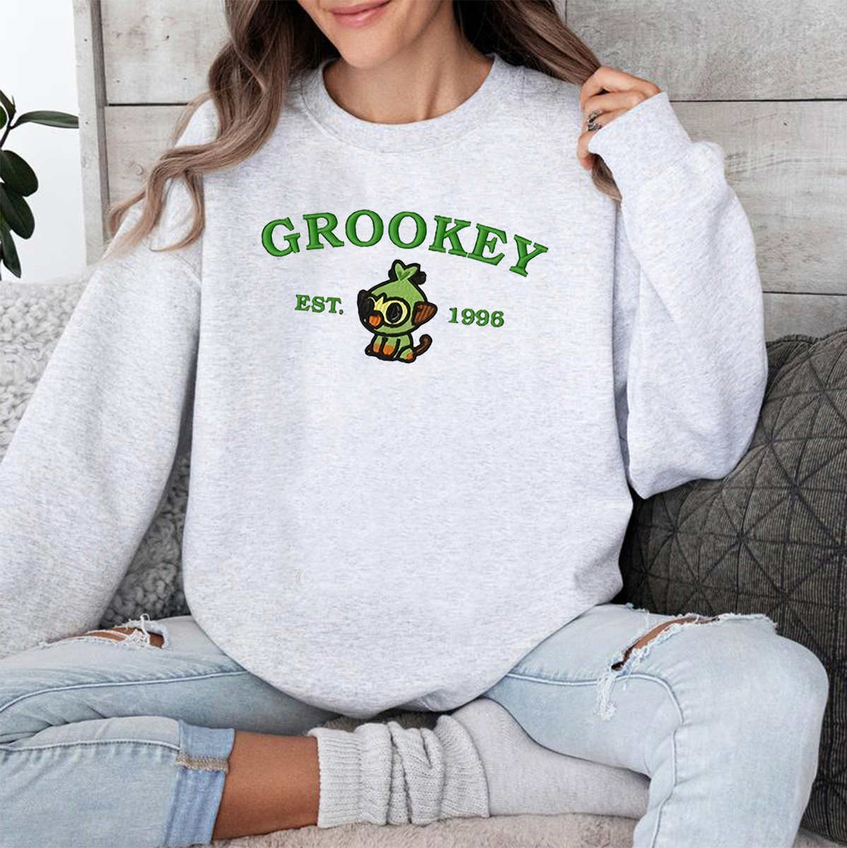 Grookey-Q. Adorable Anime-Themed Embroidered T-Shirt,Crewneck,Hoodie-Trendy Versatile and a Thoughtful Gift for Friends,H-C-973