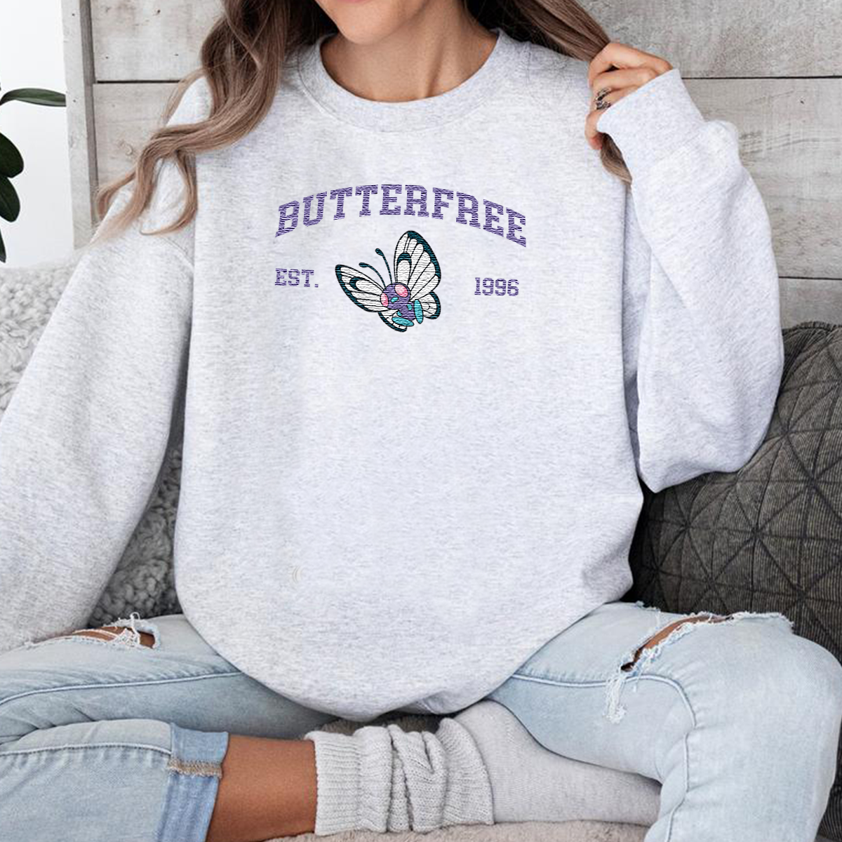 Butterfree Adorable Anime-Themed Embroidered T-Shirt,Crewneck,Hoodie-Trendy Versatile and a Thoughtful Gift for Friends,H-C-1102