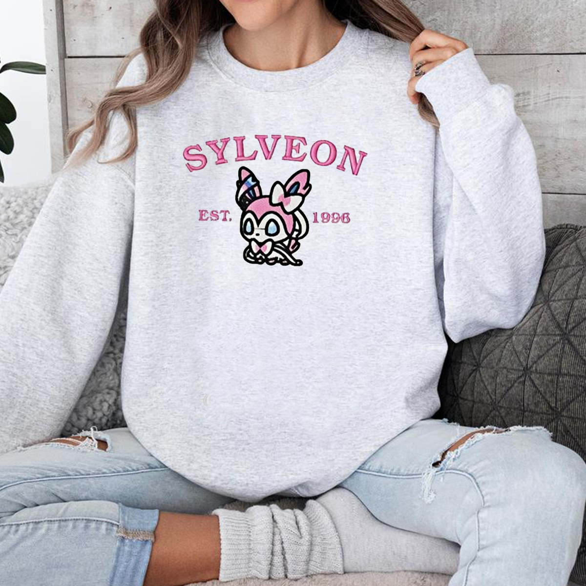 Sylveon-Q.Adorable Anime-Themed Embroidered T-Shirt,Crewneck,Hoodie-Trendy Versatile and a Thoughtful Gift for Friends,H-C-914