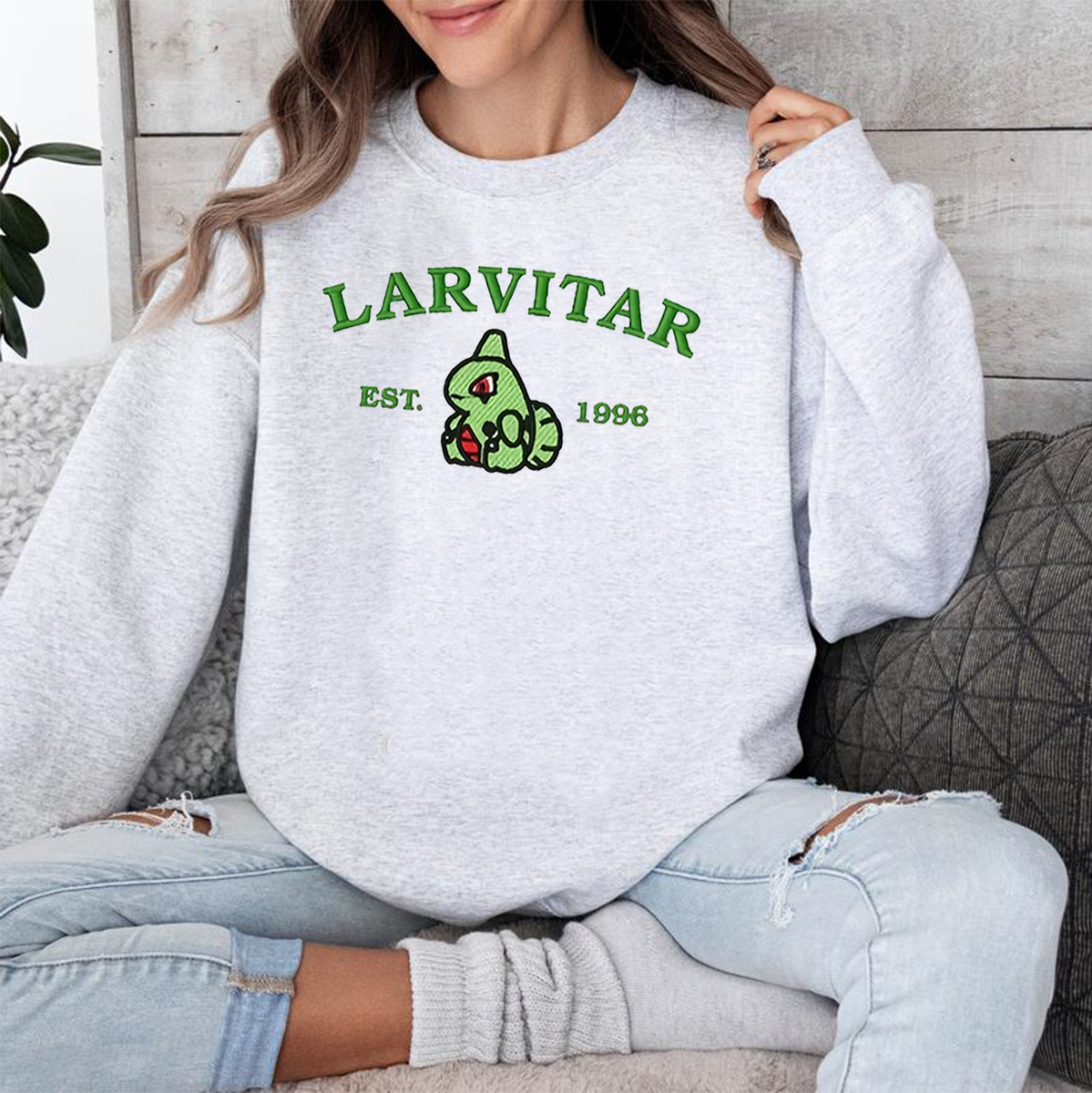 Larvitar-Q. Adorable Anime-Themed Embroidered T-Shirt,Crewneck,Hoodie-Trendy Versatile and a Thoughtful Gift for Friends,H-C-971