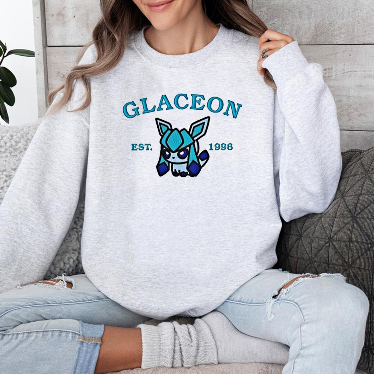 Glaceon-Q. Adorable Anime-Themed Embroidered T-Shirt,Crewneck,Hoodie-Trendy Versatile and a Thoughtful Gift for Friends,H-C-916