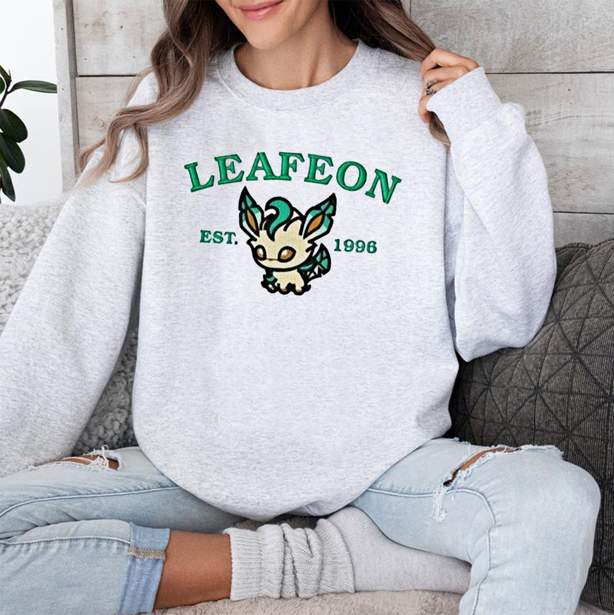 Leafeon-Q.Adorable Anime-Themed Embroidered T-Shirt,Crewneck,Hoodie-Trendy Versatile and a Thoughtful Gift for Friends,H-C-915
