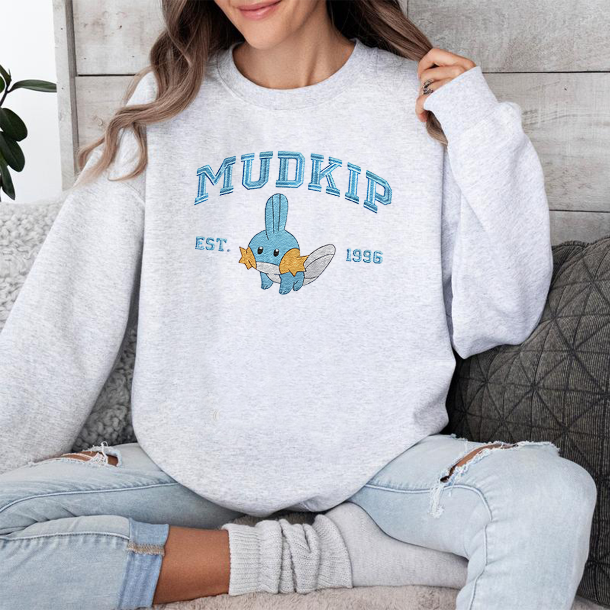 Mudkip Adorable Anime-Themed Embroidered T-Shirt,Crewneck,Hoodie-Trendy Versatile and a Thoughtful Gift for Friends,H-C-838