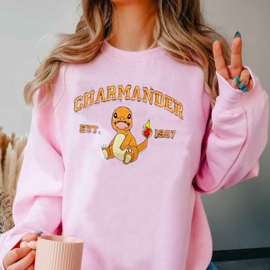 Charmander Adorable Anime-Themed Embroidered T-Shirt,Crewneck,Hoodie-Trendy Versatile and a Thoughtful Gift for Friends,H-C-715