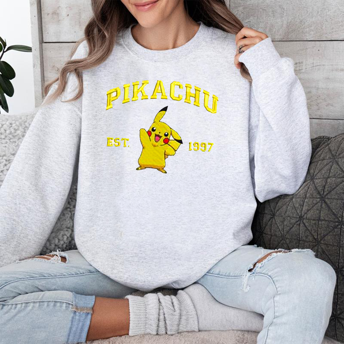 Pikachu Adorable Anime-Themed Embroidered T-Shirt,Crewneck,Hoodie-Trendy Versatile and a Thoughtful Gift for Friends,H-C-723