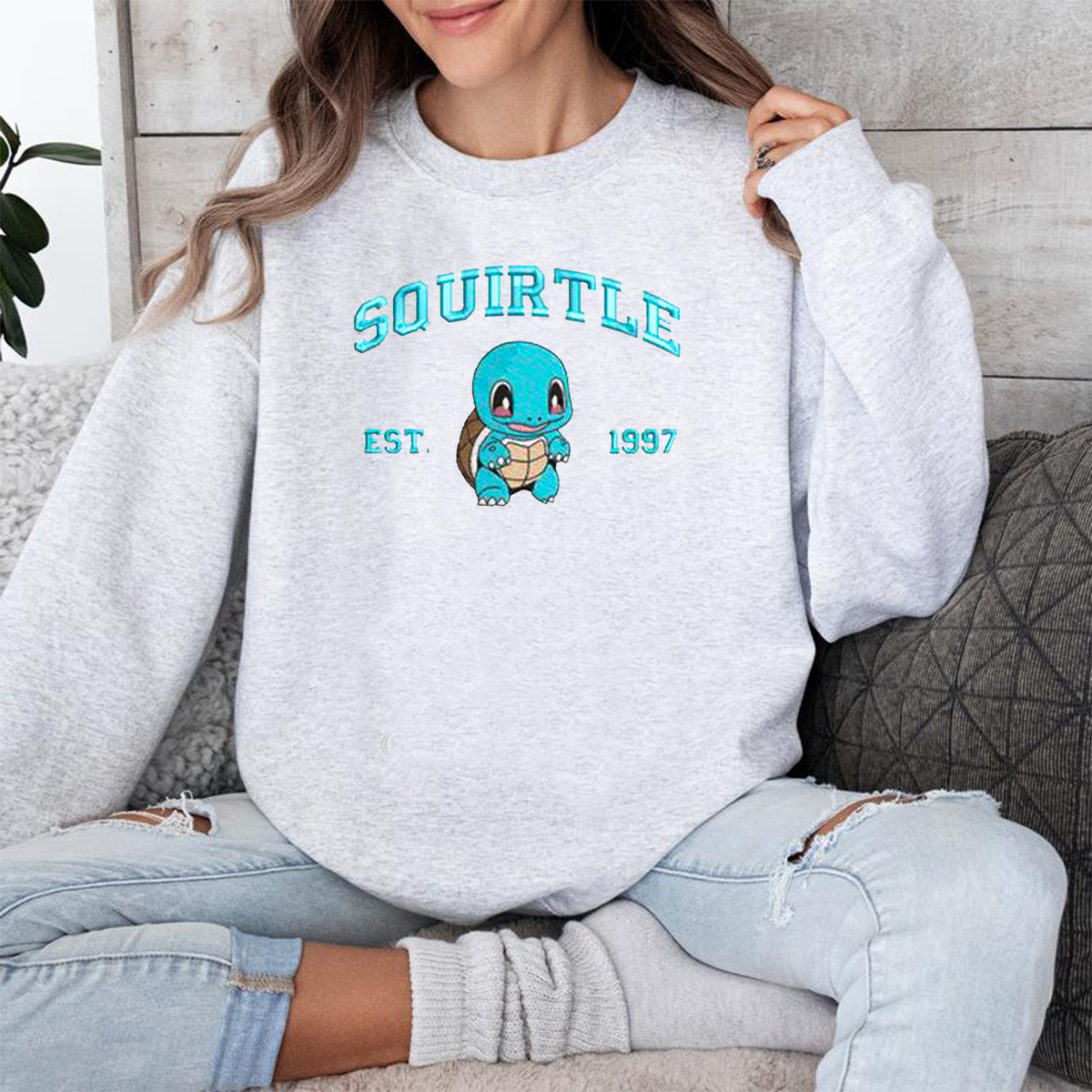 Squirtle Adorable Anime-Themed Embroidered T-Shirt,Crewneck,Hoodie-Trendy Versatile and a Thoughtful Gift for Friends,H-C-726