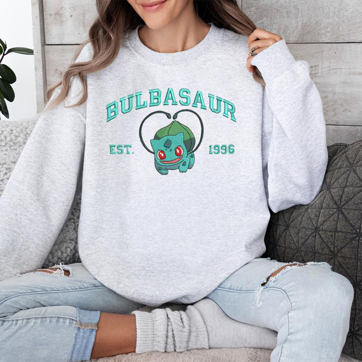 Bulbasaur Whimsical Pokémon Creatures Exquisite Embroidery:T-Shirt,Crewneck, and Hoodie Collection,H-C-713