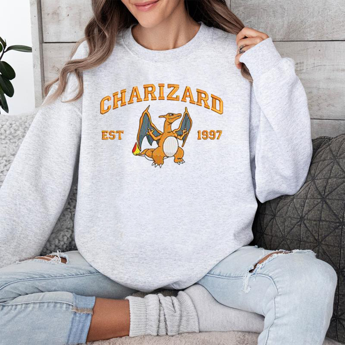 Charizard Adorable Anime-Themed Embroidered T-Shirt,Crewneck,Hoodie-Trendy Versatile and a Thoughtful Gift for Friends,H-C-714