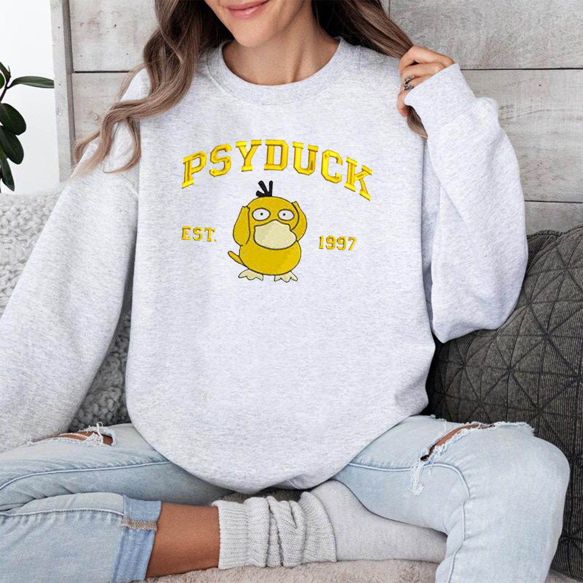 Psyduck Adorable Anime-Themed Embroidered T-Shirt,Crewneck,Hoodie-Trendy Versatile and a Thoughtful Gift for Friends,H-C-724