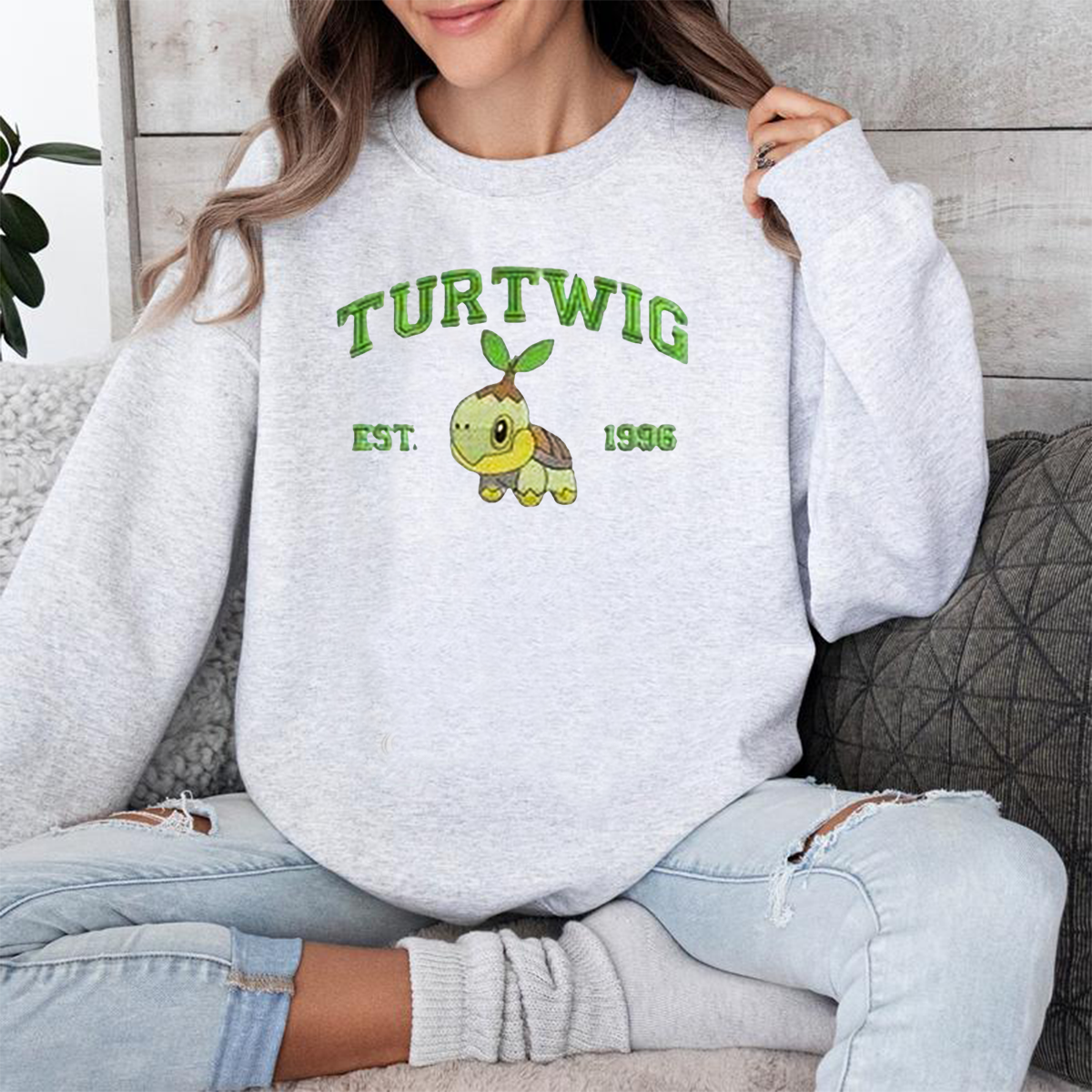 Turtwig Adorable Anime-Themed Embroidered T-Shirt,Crewneck,Hoodie-Trendy Versatile and a Thoughtful Gift for Friends,H-C-728