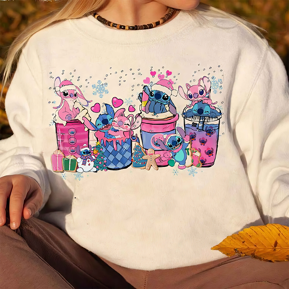 Stitch Coffee Cups Christmas Pink T-Shirt,Crewneck,Hoodie,TS-C-408